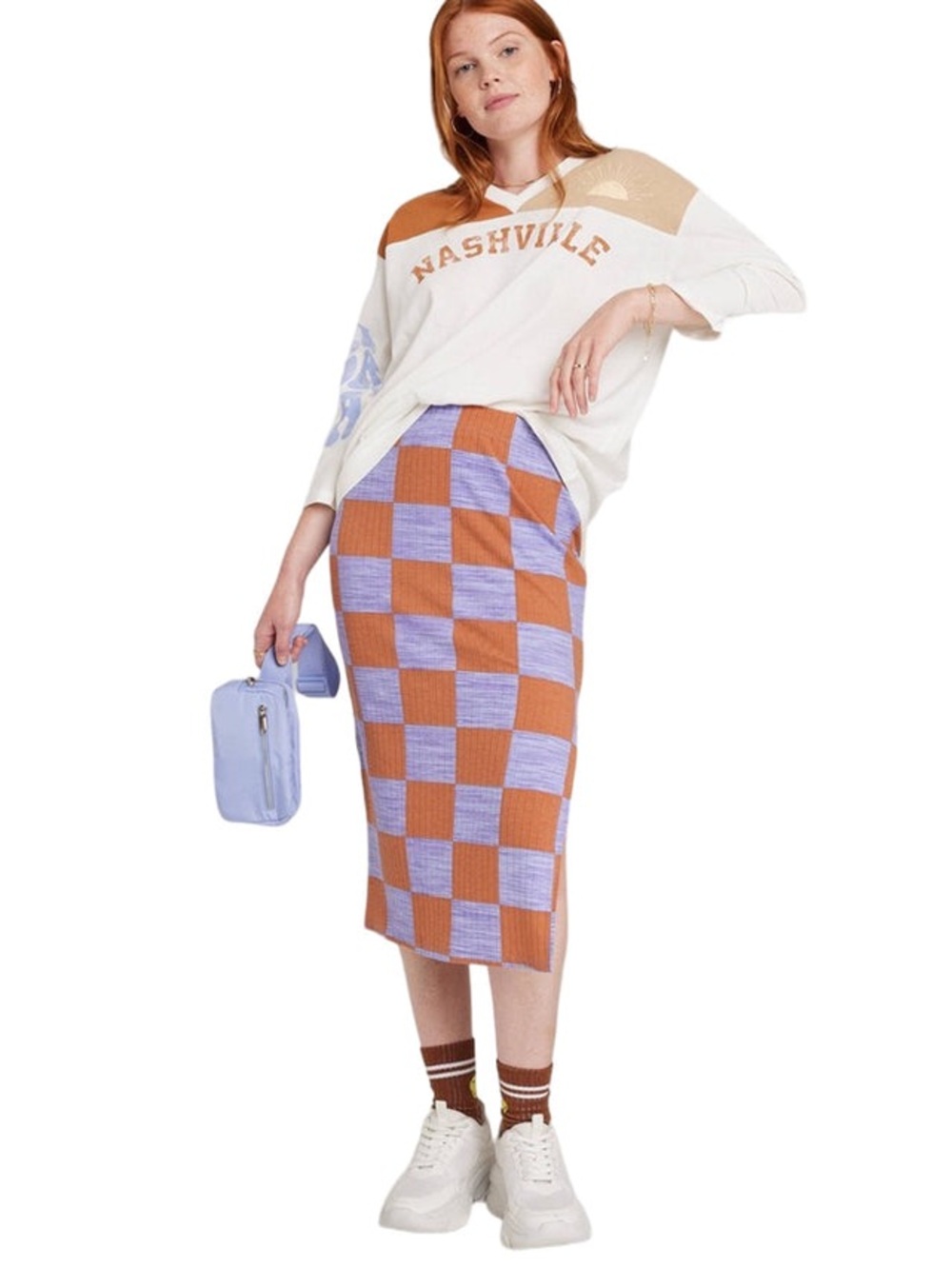 Checkerboard Knit Midi Skirt in Lavender and Orange